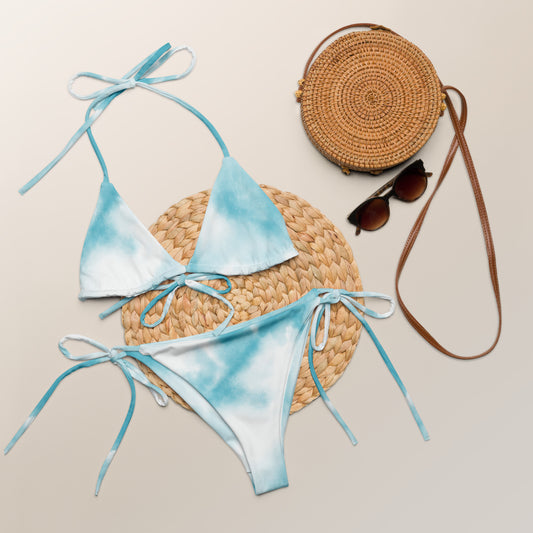 Blue tye & dye All-over print recycled string bikini