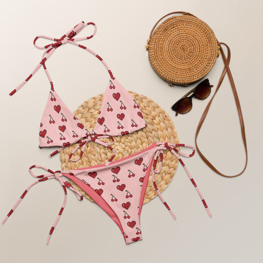 Rose Hearted All-over print recycled string bikini